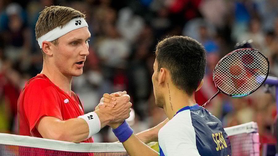 <div class="paragraphs"><p>Lakshya Sen congratulates Denmark’s Viktor Axelsen for winning the Men’s Singles Semifinal badminton match at the 2024 Summer Olympics, in Paris, France, Sunday, Aug. 4, 2024.</p></div>
